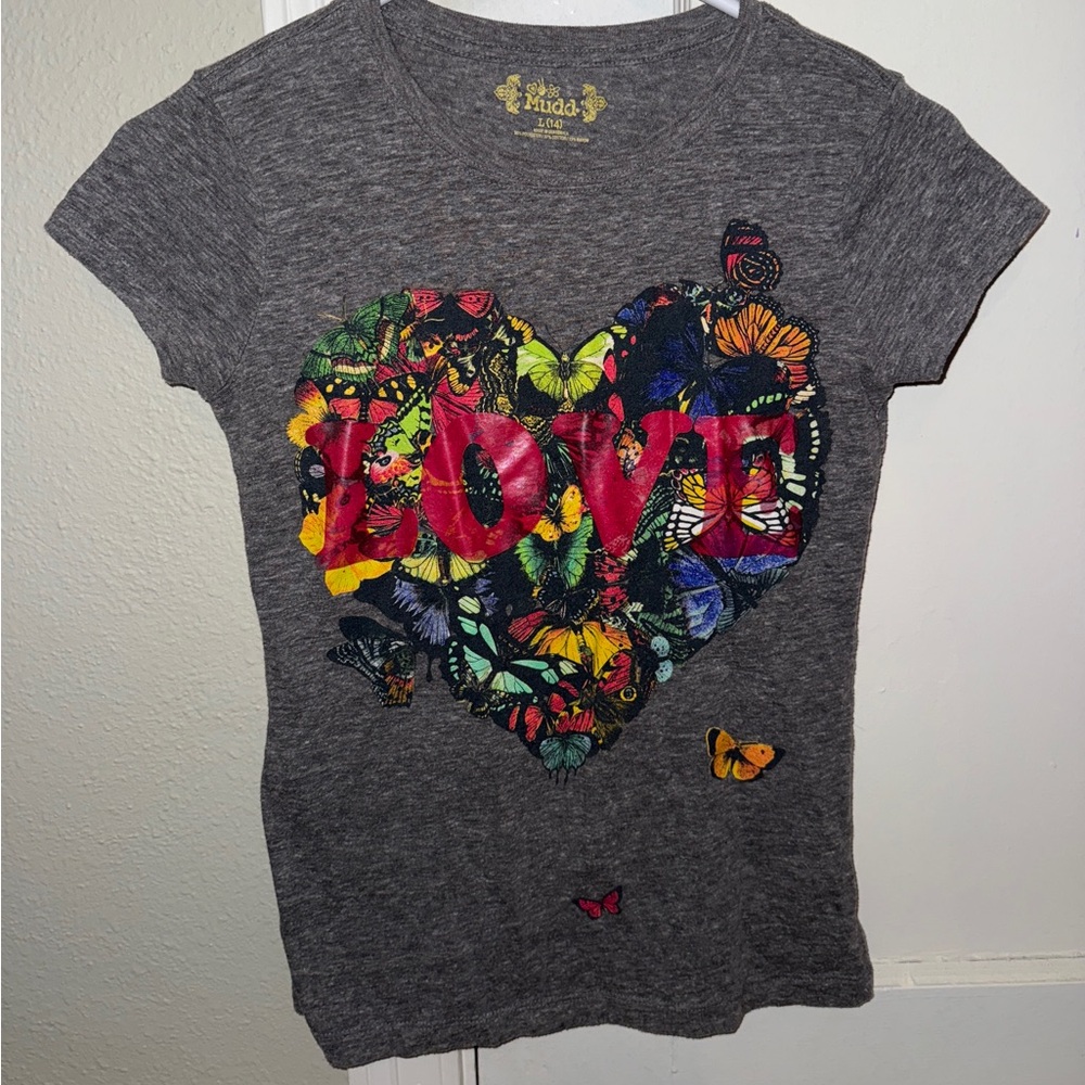 Mudd Girl’s Gray Tee with Colorful Butterfly Heart Design